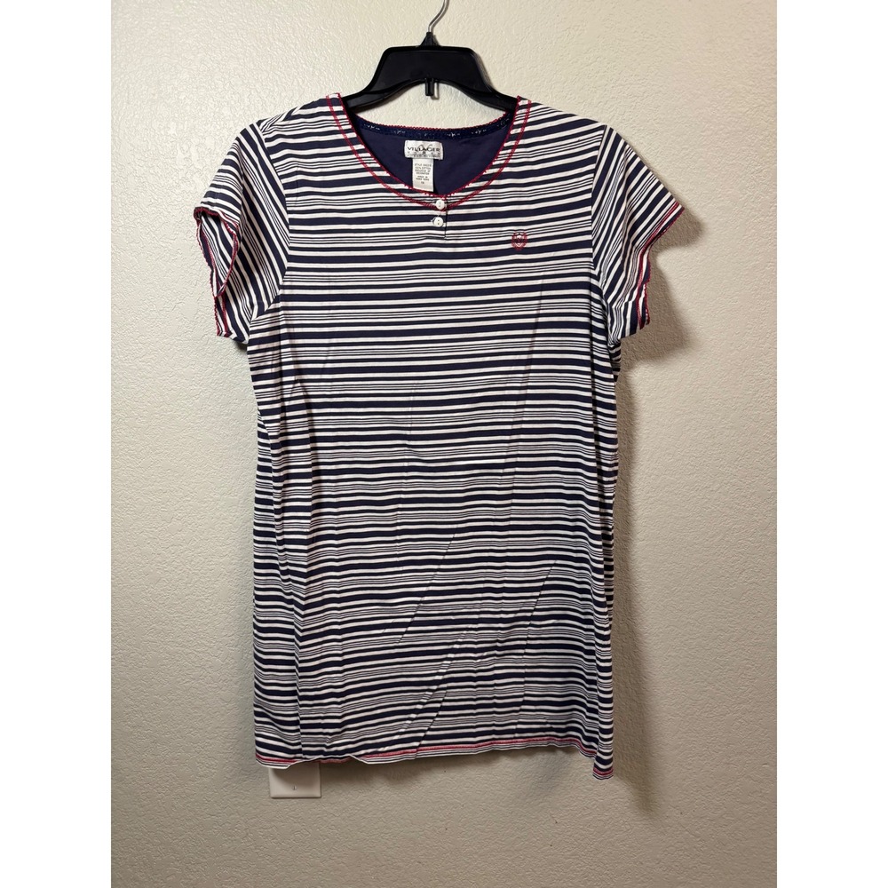 Villager Woman Liz Claiborne Navy White Striped Henley Top Red Trim 1X V40219